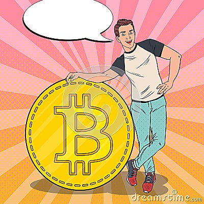 Pop Art Smiling Man with Big Bitcoin. Cryptocurrency Concept Vector Illustration