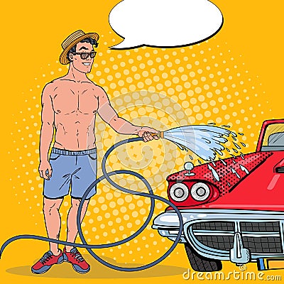 Pop Art Smiling Man Washing His Classic Car Vector Illustration