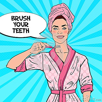 Pop Art Smiling Pretty Woman with Toothbrush. Dental Hygiene Vector Illustration