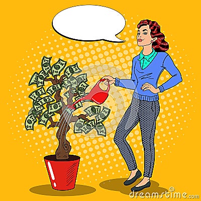 Pop Art Smiling Rich Woman Watering Money Tree with Comic Speech Bubble Vector Illustration