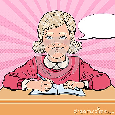 Pop Art Smiling Schoolgirl Doing Homework. Educational Concept Vector Illustration