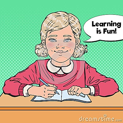 Pop Art Smiling Schoolgirl Sitting at School Desk. Educational Concept Vector Illustration