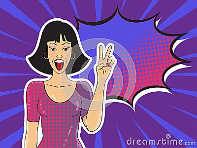 Pop art smiling woman showing victory sign with speech bubble Vector Illustration