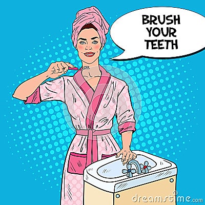 Pop Art Smiling Young Woman Brushing Teeth in Bathroom. Dental Hygiene Vector Illustration