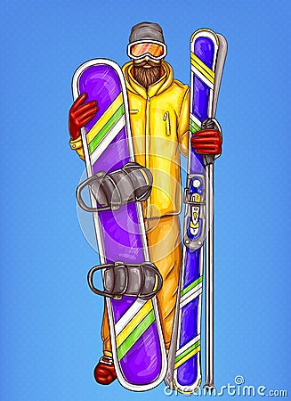 pop art snowboarder - cartoon bearded man in snowboarding suit, glasses, helmet, holding snowboard, skiing. Cartoon Illustration