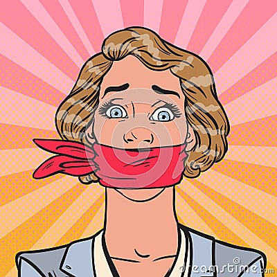 Pop Art Speechless Silenced Business Woman. Business Censorship Vector Illustration