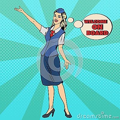 Pop Art Stewardess. Airplane Tourism Vector Illustration