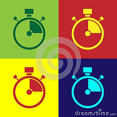 Pop art Stopwatch icon isolated on color background. Time timer sign. Chronometer sign. Vector Stock Photo