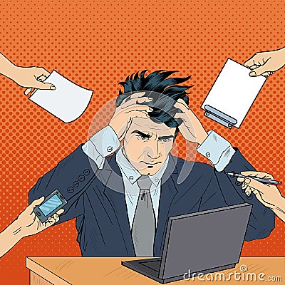 Pop Art Stressed Businessman with Laptop Grabbed His Head at Multi Tasking Work Vector Illustration