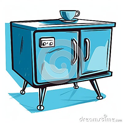 Pop Art Style Coffee Table With Blue Cupboard And Lock Clipart Stock Photo