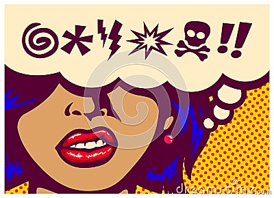 Pop art style comics panel angry woman grinding teeth with speech bubble and swear words symbols vector illustration Vector Illustration