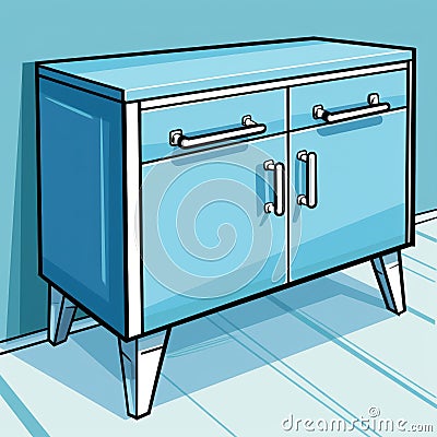 Pop Art Style Console Table With Blue Cupboard And Lock Clipart Stock Photo