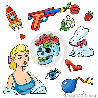 Pop art style fashion stickers set Cartoon Illustration