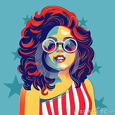 Pop Art Style Fashionable Young Girl Wear Sunglasses and American Flag Attire on Turquoise Stars Stock Photo