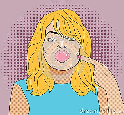 Pop Art style illustration of a playful blond woman in a blue blouse Vector Illustration