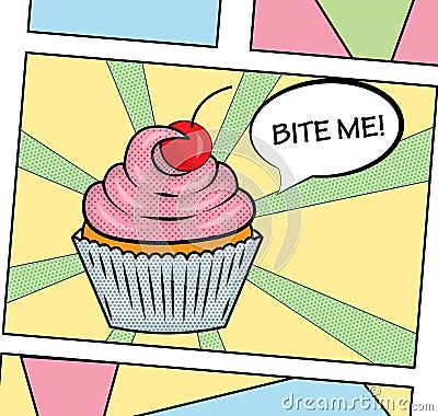 Pop art style sweet delicious cupcake illustration with icing, cream and cherry. For poster, web, print. Vector Illustration