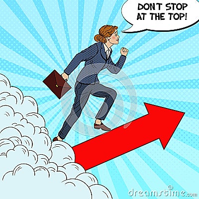 Pop Art Successful Business Woman Walking to the Top through the Clouds Vector Illustration