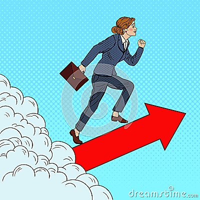 Pop Art Successful Business Woman Walking to the Top through the Clouds Vector Illustration