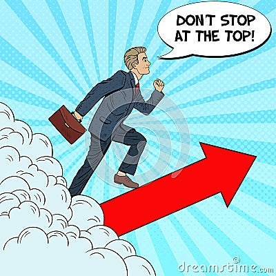 Pop Art Successful Businessman Walking to the Top through the Clouds Vector Illustration