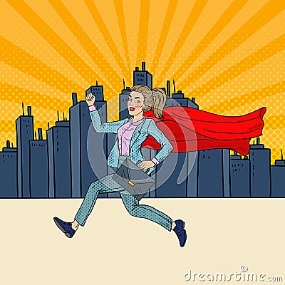 Pop Art Super Business Woman with Red Cape Running with Briefcase Vector Illustration