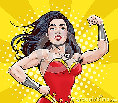 Pop Art super hero woman. Girl power advertising poster. Comic woman showing her biceps.Superwoman. We Can Do It. Stock Photo