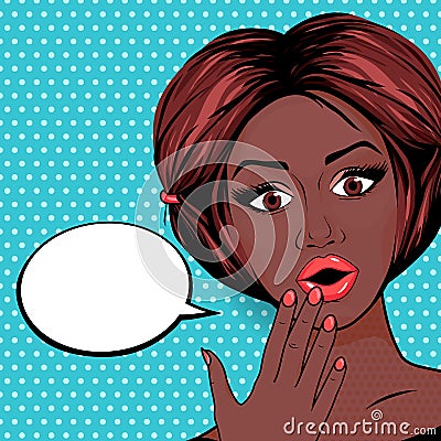 Pop Art Surprised African American woman with open mouth on dotted background. Retro Shocked Woman Face Vector Illustration Vector Illustration