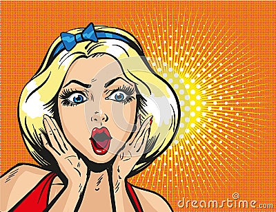 Pop art surprised blond woman face with open mouth Vector Illustration