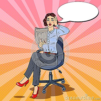 Pop Art Surprised Business Woman Reading a Newspaper. Bad News Vector Illustration