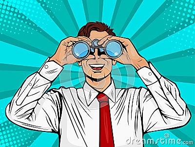 Pop art surprised businessman looking through binoculars. Vector Illustration