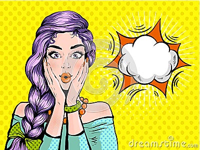 Pop art surprised woman beautiful face with open mouth and bright violet hair on dotted background. Comic woman with Vector Illustration