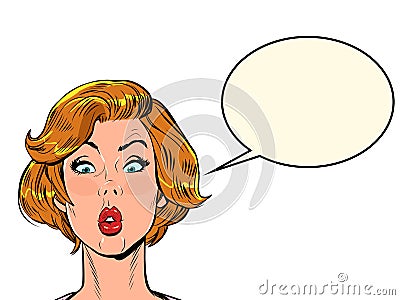 pop art surprised woman looks up. Attention gossip news universal blank background template Vector Illustration
