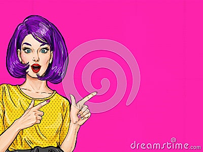 Pop Art surprised woman pointing finger showing copy space.Party invitation. Birthday greeting card.Hollywood movie star. Stock Photo