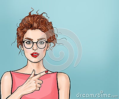 Pop Art surprised woman pointing finger showing something strange and unexpected. Emotions and advertisement. Stock Photo
