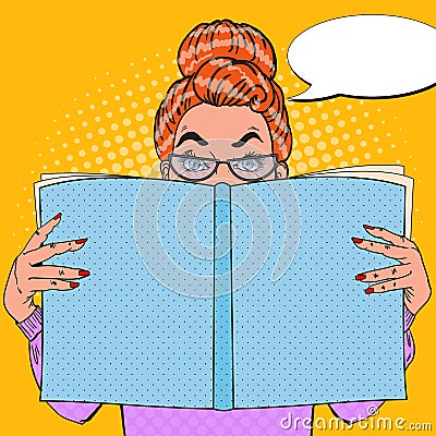 Pop Art Surprised Woman Reading Book. Educational Concept Vector Illustration