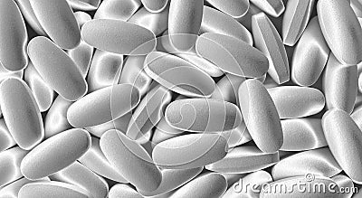Pop art surreal style futuristic heap of metallic silver oval shaped pills Stock Photo