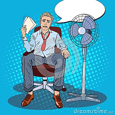Pop Art Sweating Businessman Due to Hot Climate. Summer Heat Vector Illustration