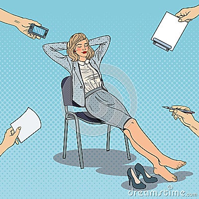 Pop Art Tired Business Woman Relaxing on Chair Vector Illustration