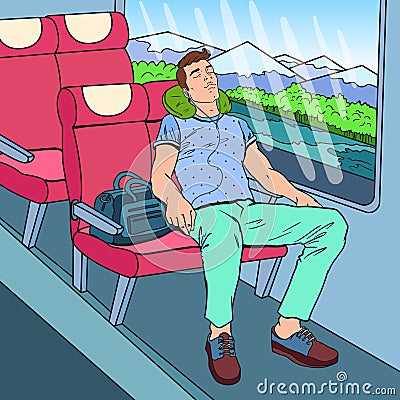 Pop Art Tired Man Sleeping in the Train and Listening Music. Tourism, Summer Travel Vector Illustration