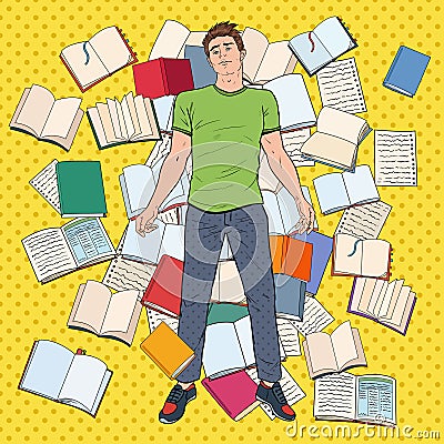 Pop Art Tired Student Lying on the Floor among Books. Overworked Young Man Preparing for Exams. Education Concept Vector Illustration