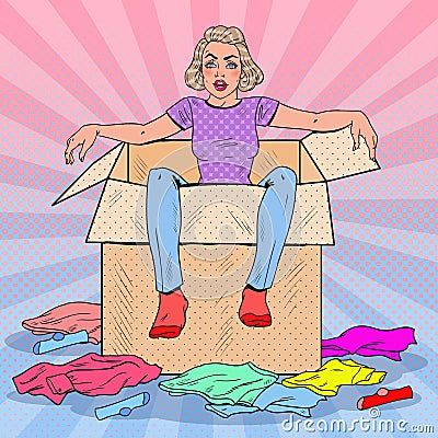 Pop Art Tired Woman in the Box with Different Clothes. Moving to new House Vector Illustration