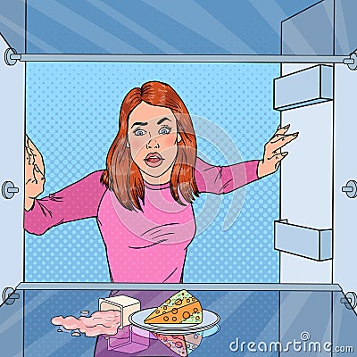 Pop Art Unhappy Hungry Woman Looking in Empty Fridge Vector Illustration