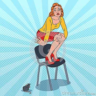 Pop Art Unhappy Young Woman Scared by the Mouse. Female Phobia of Rodent Vector Illustration