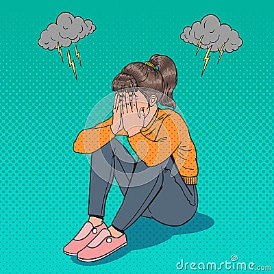 Pop Art Upset Young Girl Sitting on the Floor. Depressed Crying Woman. Stress and Despair Vector Illustration