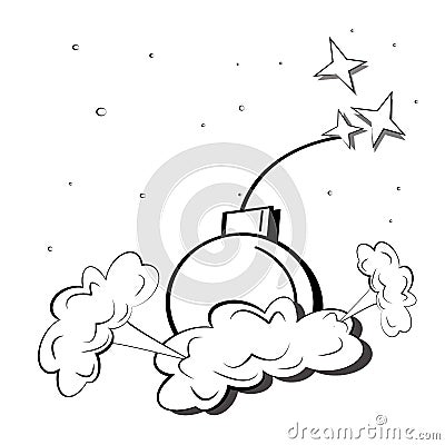 A bomb blast, clouds of smoke from an explosion and a spark isolated on white background. Pop art Vector Illustration