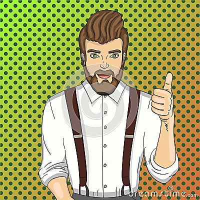 Pop art vector. Advertising of beauty salon, hairdresser, barbershop. Model, guy, beard, haircut, clothes and suspenders Vector Illustration