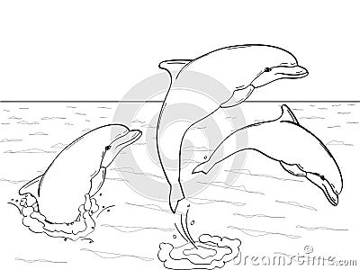 Pop Art. Vector of imitation retro comic style. Rest on the sea, three dolphins play in the water. Book coloring for Vector Illustration