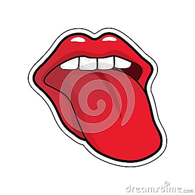 Pop art vector speaking red lips. Half-open mouth, licking, tongue sticking out, conversation. Vector Illustration