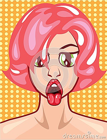 Pop art vector young lady tongue out red lips Vector Illustration