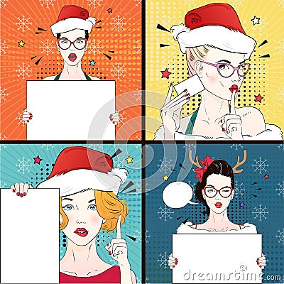 Pop Art Vintage advertising xmas poster comic girl in cat`s eye glasses and red santa hat holds a white banner. Vector Vector Illustration