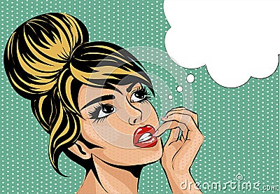 Pop art vintage comic style woman with open eyes dreaming, female portrait with speech bubble Cartoon Illustration
